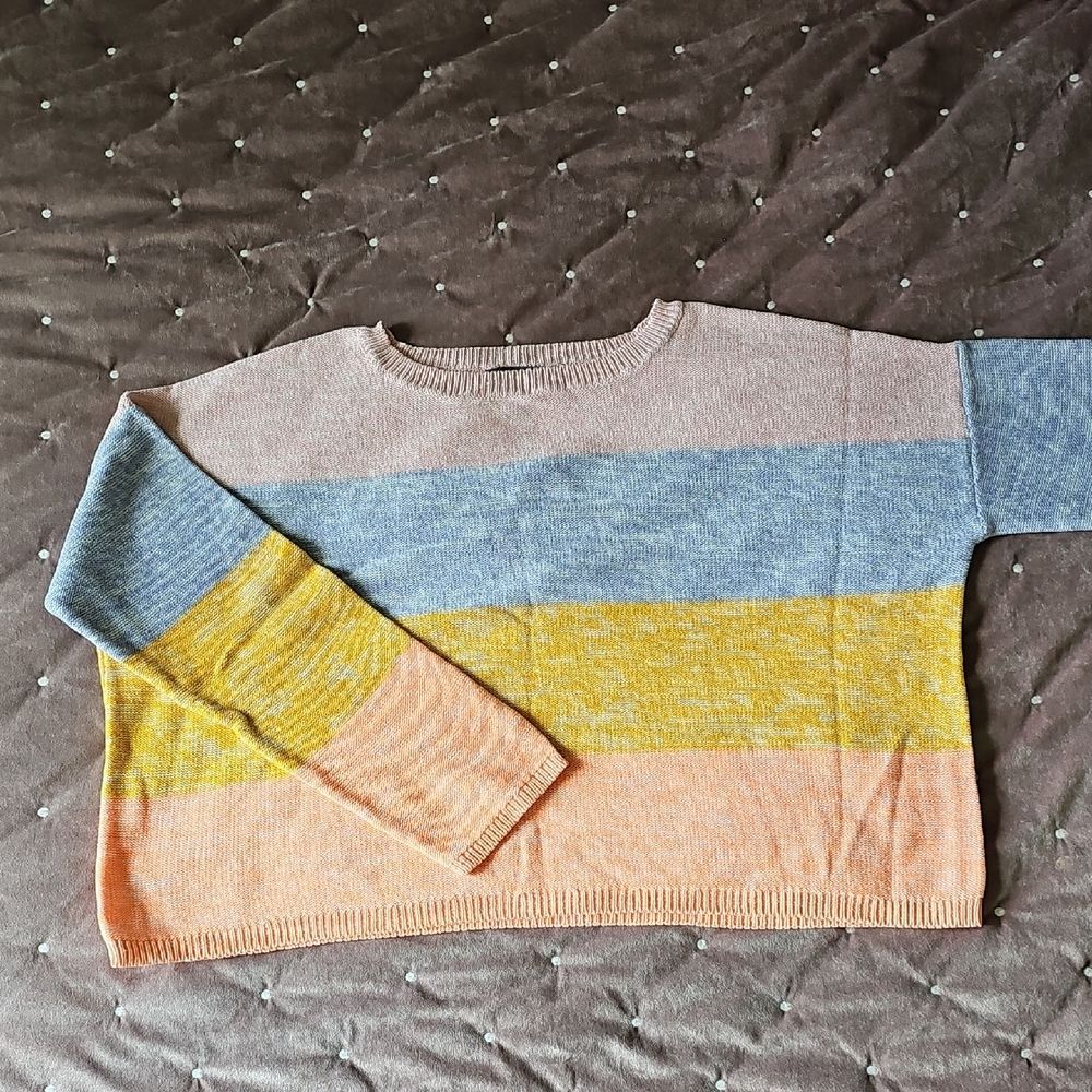 Primark Women's Sweater in Blue, Yellow, and Peach Stripes, Size M